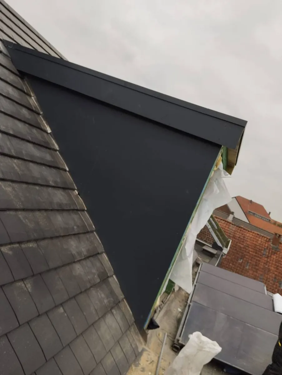 Zijgevel bekleed met donkere panelen en strakke dakrandafwerking in Zoutleeuw