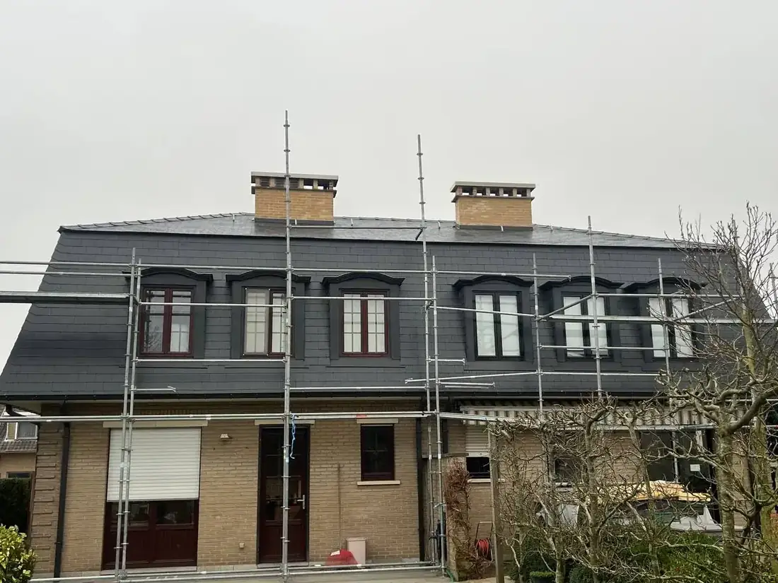 Vernieuwd leien mansardedak met dakkapellen in een straat in Heverlee